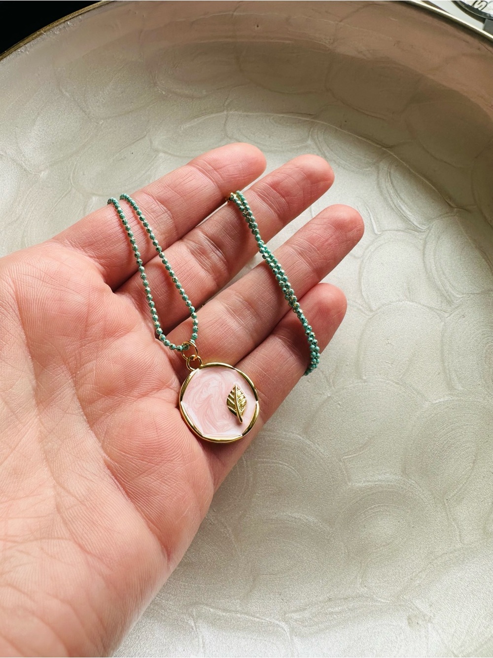 Delicate Pink Resin Pendant Necklace with Turquoise Chain - Picture 2 of 2